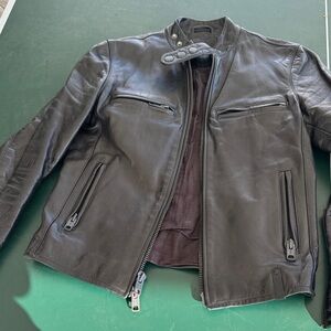 Karl Lagerfeld Black Leather Moto Jacket with Snap Collar